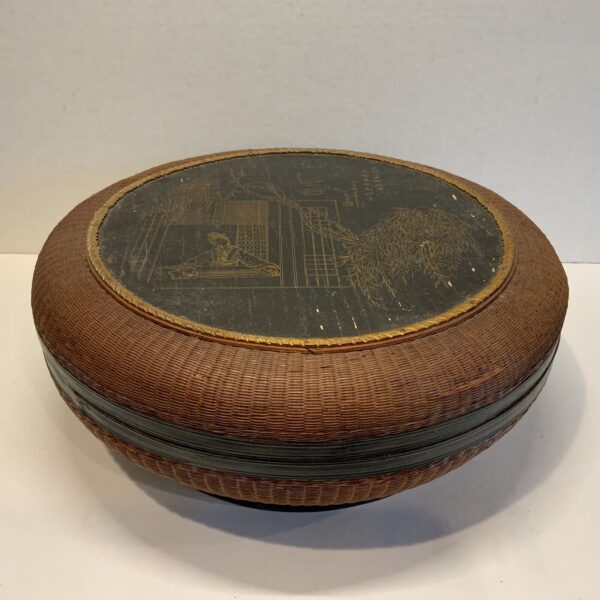 Vintage Chinese Sewing Basket LARGE Round Lidded Wicker Painted Chinoiserie