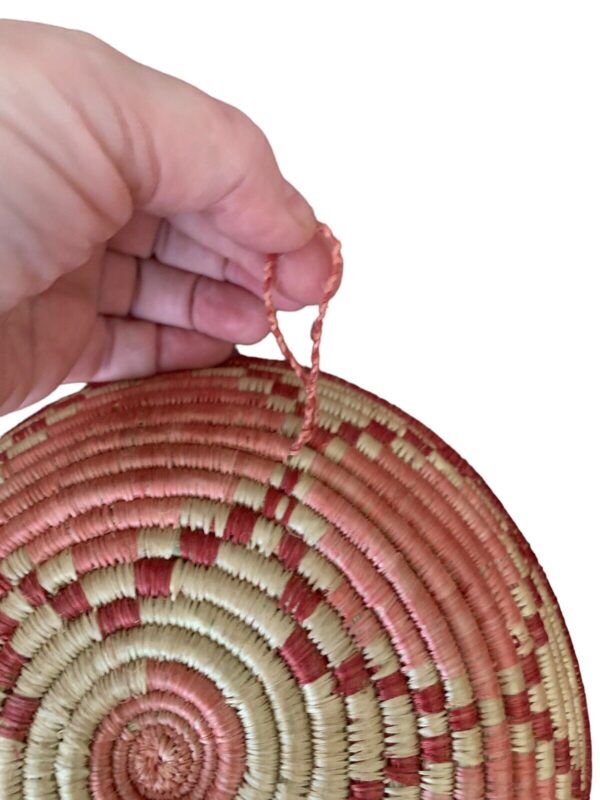 Vintage Coil Basket Grass Hand Woven Star Boho Basket Bowl 7.5" Wine Pink Beige - Image 3