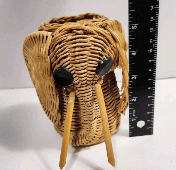 Vintage Elephant Wicker Rattan Boho Basket Planter Woven Animal Decor 1970’s 5” - Image 5