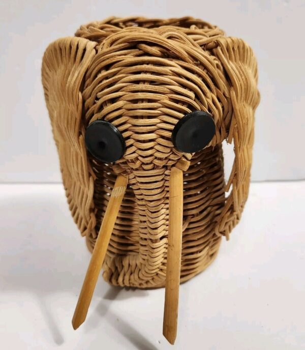 Vintage Elephant Wicker Rattan Boho Basket Planter Woven Animal Decor 1970’s 5”