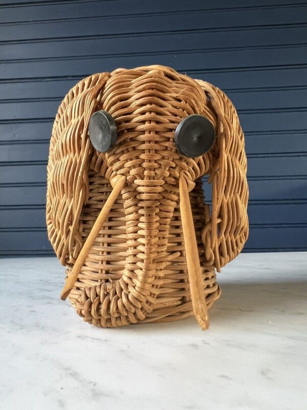 Vintage Elephant Wicker Rattan Boho Basket Planter Woven Animal Decor 1970’s 5” - Image 2