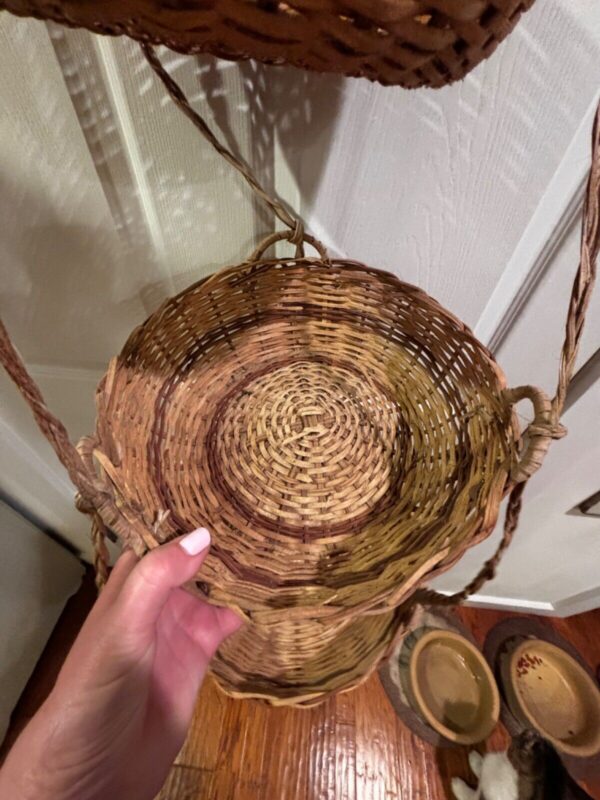 Vintage Extra Large 3 Tier Wicker Rattan Hanging Fruit Basket Woven Boho Natural - Image 2