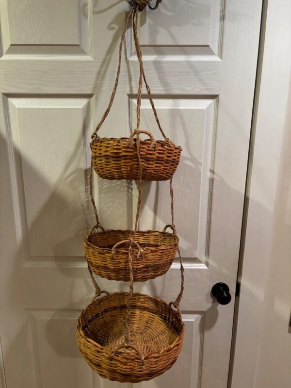 Vintage Extra Large 3 Tier Wicker Rattan Hanging Fruit Basket Woven Boho Natural