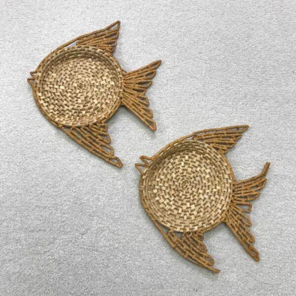 Vintage Fish Wall Hanging Lot of 2 Trinket Basket Raffia Boho Bohemian Decor MCM