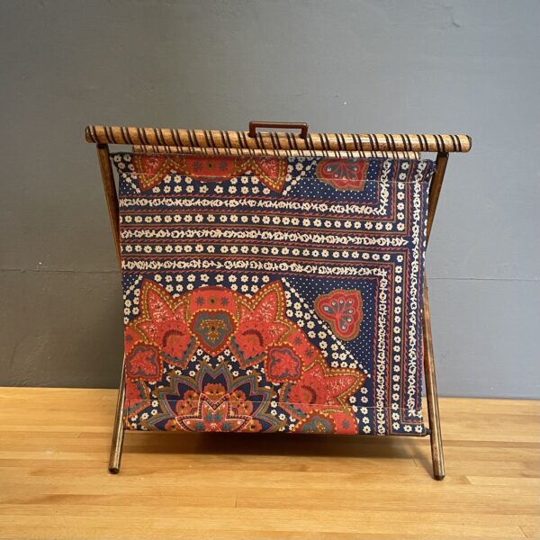 Vintage Folding Knitting Sewing Yarn Caddy Basket w/Wood Frame Boho Bandana - Image 2