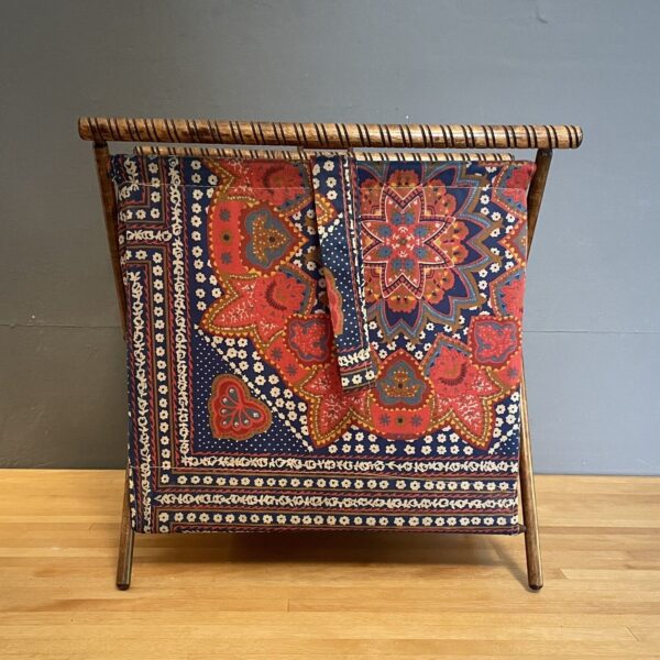 Vintage Folding Knitting Sewing Yarn Caddy Basket w/Wood Frame Boho Bandana