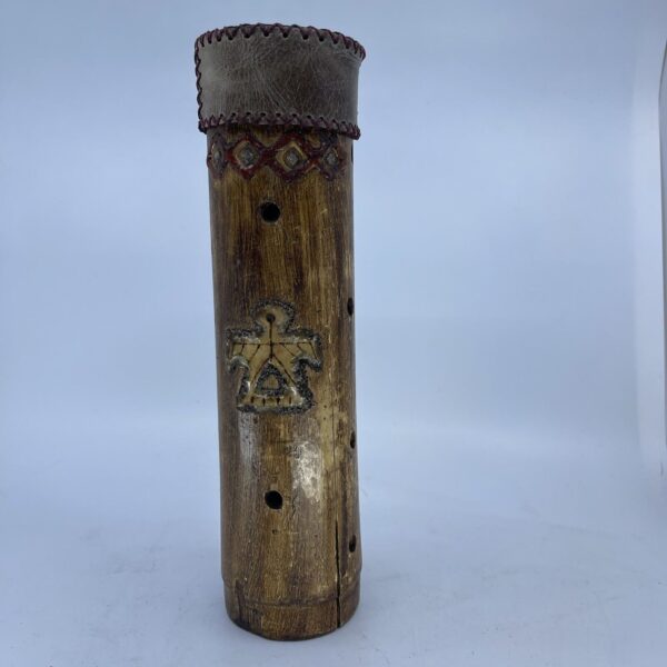 Vintage Hand Decorated Bamboo Incense Holder Burner Tribal with Leather Lid - Image 3