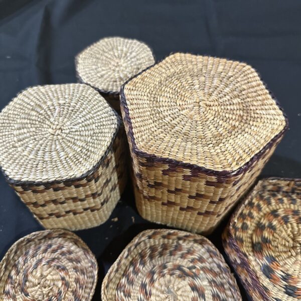 Vintage Hand Woven Nesting Baskets Containers Set 3 Hexagon w Lids Natural Boho - Image 2