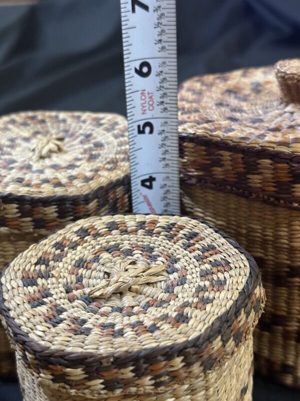 Vintage Hand Woven Nesting Baskets Containers Set 3 Hexagon w Lids Natural Boho - Image 5