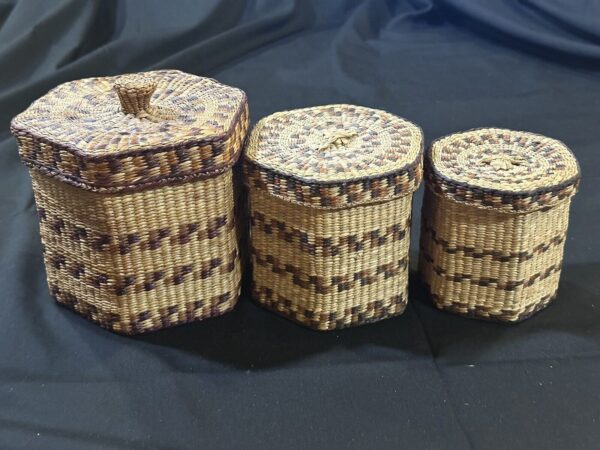 Vintage Hand Woven Nesting Baskets Containers Set 3 Hexagon w Lids Natural Boho