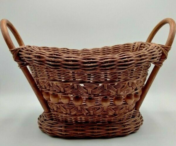 Vintage Handcrafted Wicker Basket Wooden Beads Bentwood Handles Beautiful Boho