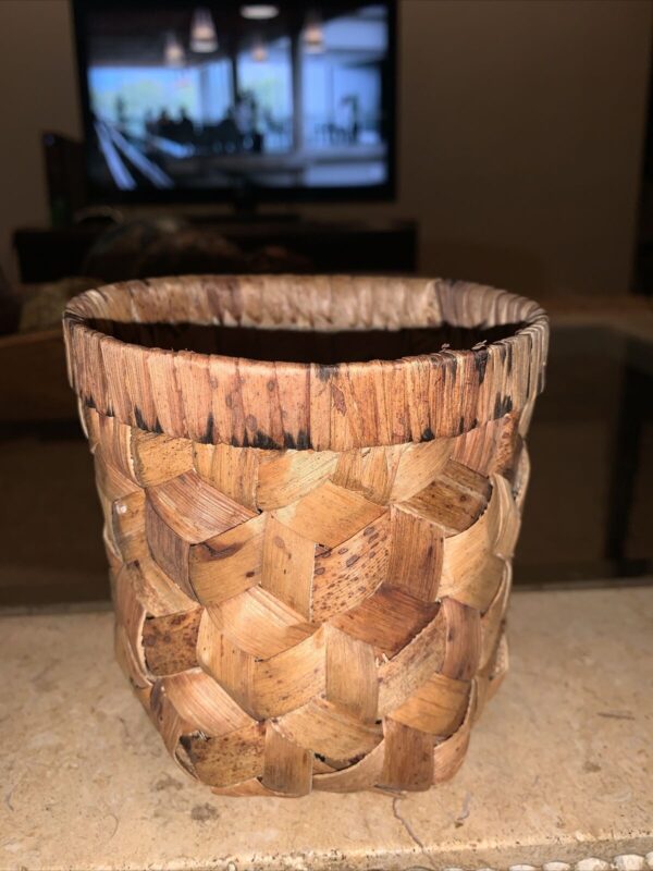 Vintage Handmade Boho Woven Grass Leaf Bark Planter Basket Weave 5” MCM Pot - Image 2