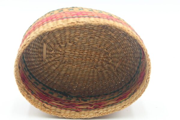 Vintage Handmade Straw Woven Basket Lid Small Red Green Oval Boho Storage Decor - Image 2
