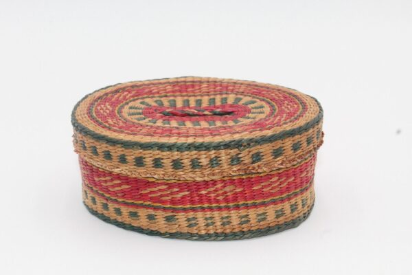 Vintage Handmade Straw Woven Basket Lid Small Red Green Oval Boho Storage Decor