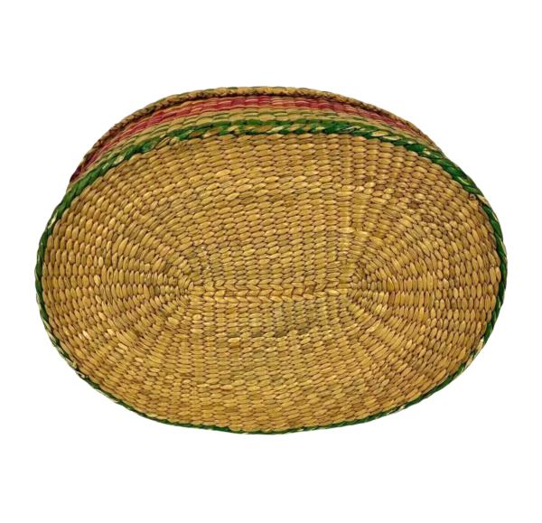 Vintage Handmade Straw Woven Basket Lid Small Red Green Oval Boho Storage Decor - Image 3
