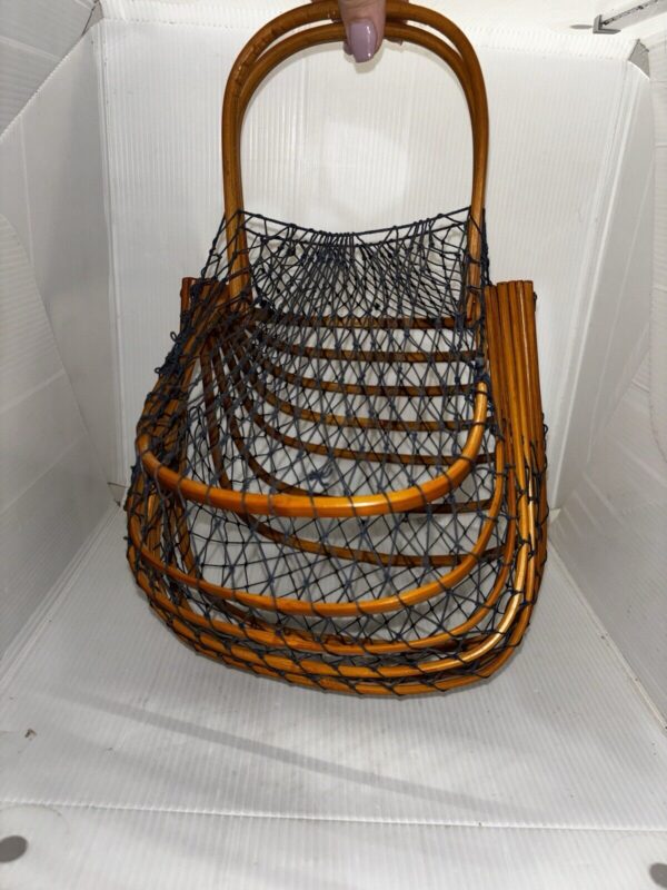 Vintage Japanese Bamboo Fishing Net Basket Folding Purse Minimalist Boho - Image 3