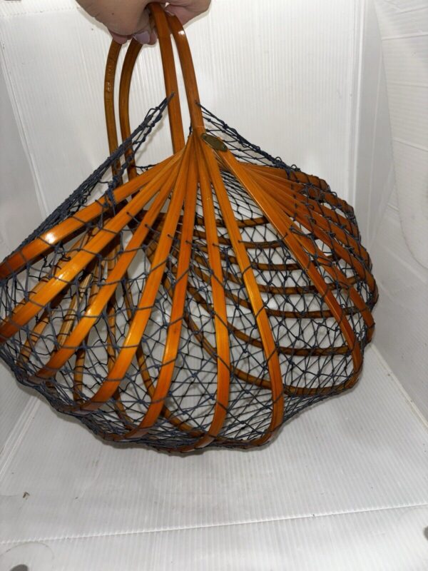 Vintage Japanese Bamboo Fishing Net Basket Folding Purse Minimalist Boho - Image 4