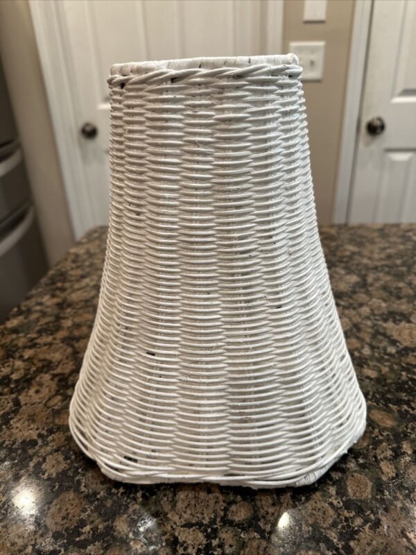 Vintage Lamp Rectangle Bell Shade White Wicker Rattan Woven 10" X 9” X 12" - Image 2