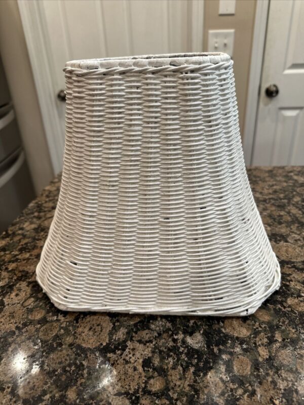 Vintage Lamp Rectangle Bell Shade White Wicker Rattan Woven 10" X 9” X 12" - Image 3