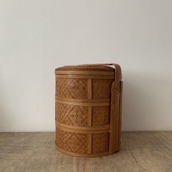 Vintage Large Japanese Woven Bamboo Basket Box Lidded Bento 3 Tier Storage Rare - Image 2