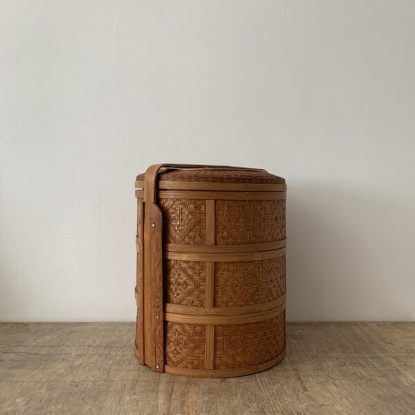 Vintage Large Japanese Woven Bamboo Basket Box Lidded Bento 3 Tier Storage Rare - Image 3