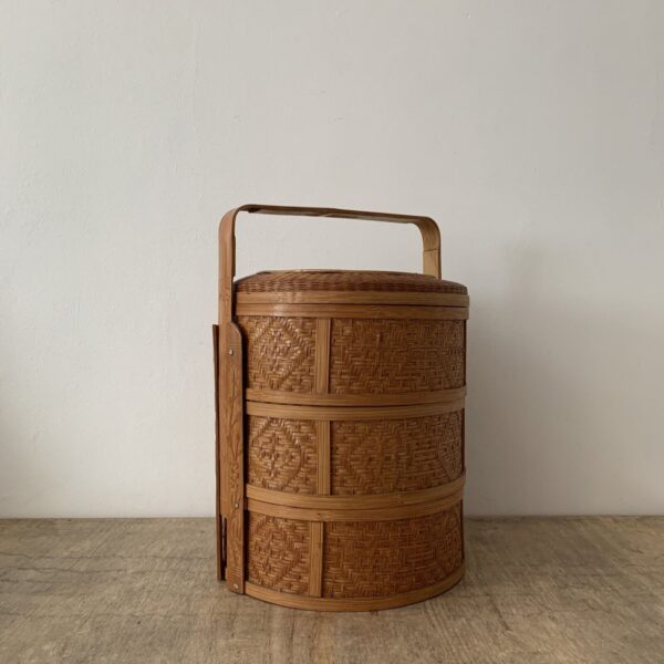 Vintage Large Japanese Woven Bamboo Basket Box Lidded Bento 3 Tier Storage Rare - Image 5