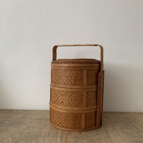 Vintage Large Japanese Woven Bamboo Basket Box Lidded Bento 3 Tier Storage Rare - Image 6