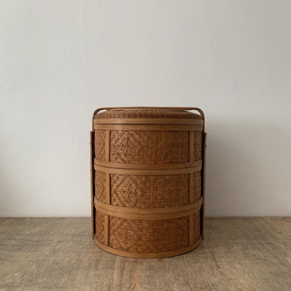 Vintage Large Japanese Woven Bamboo Basket Box Lidded Bento 3 Tier Storage Rare