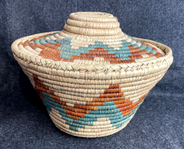 Vintage Lidded Boho Storage Handmade Coiled Woven Basket 10"T X 12"D - COOL! - Image 2