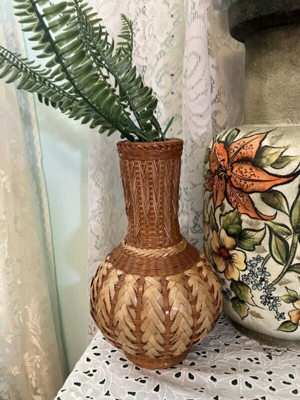 Vintage MCM Boho Wicker Rattan Wrapped Vase Vessel Decor Tribal Woven Basket Tan - Image 2