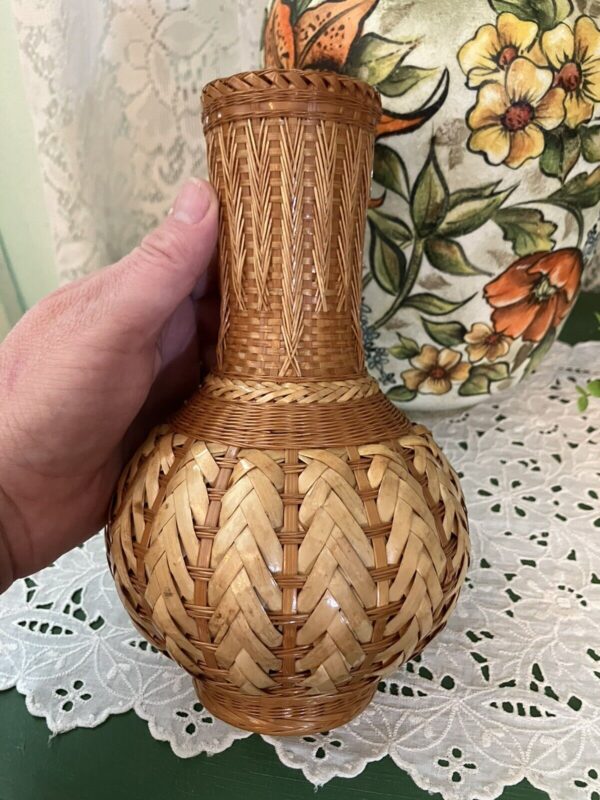 Vintage MCM Boho Wicker Rattan Wrapped Vase Vessel Decor Tribal Woven Basket Tan - Image 4