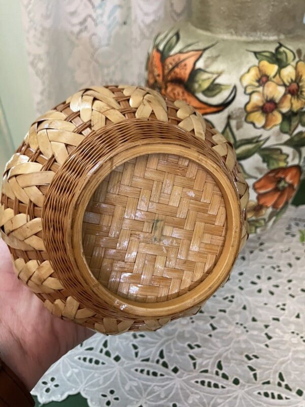 Vintage MCM Boho Wicker Rattan Wrapped Vase Vessel Decor Tribal Woven Basket Tan - Image 5