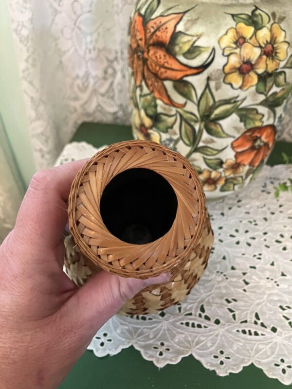 Vintage MCM Boho Wicker Rattan Wrapped Vase Vessel Decor Tribal Woven Basket Tan - Image 6