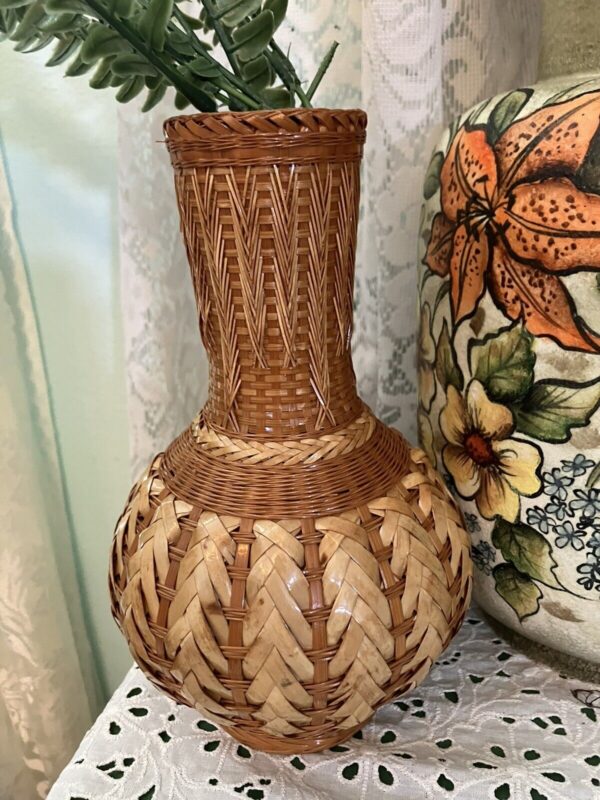 Vintage MCM Boho Wicker Rattan Wrapped Vase Vessel Decor Tribal Woven Basket Tan