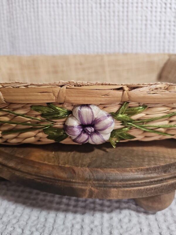 Vintage Mid Century Modern Woven Casserole Basket Floral Design Burlap Lined - Image 2