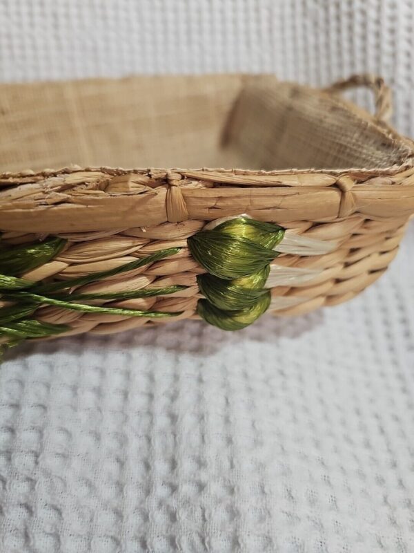 Vintage Mid Century Modern Woven Casserole Basket Floral Design Burlap Lined - Image 3