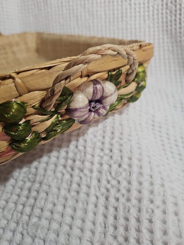 Vintage Mid Century Modern Woven Casserole Basket Floral Design Burlap Lined - Image 4