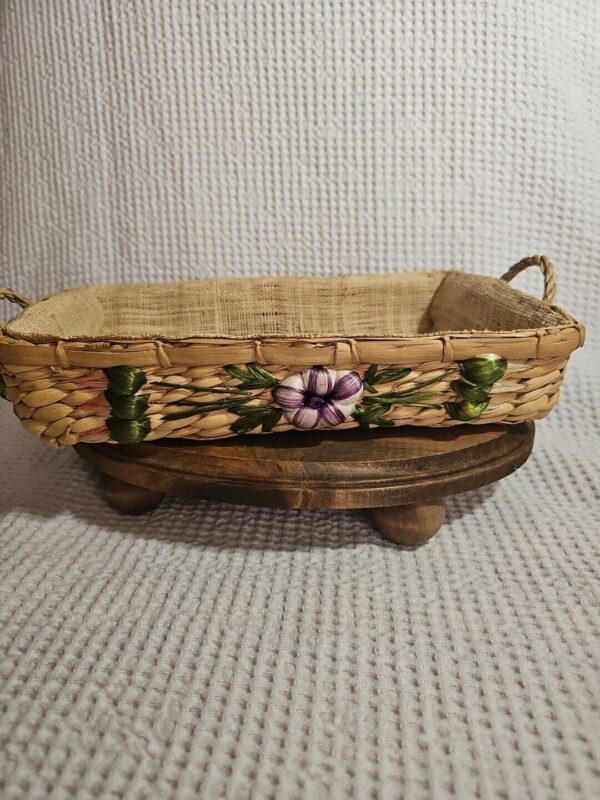 Vintage Mid Century Modern Woven Casserole Basket Floral Design Burlap Lined - Image 5