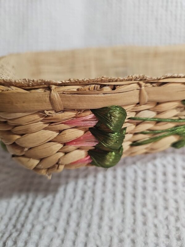 Vintage Mid Century Modern Woven Casserole Basket Floral Design Burlap Lined - Image 6