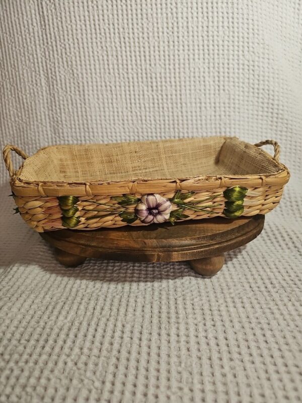 Vintage Mid Century Modern Woven Casserole Basket Floral Design Burlap Lined