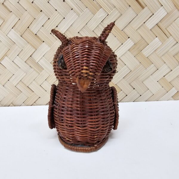 Vintage Mini Owl Basket Woven Wicker Rattan Cotton Swab Toothpick Decor Boho