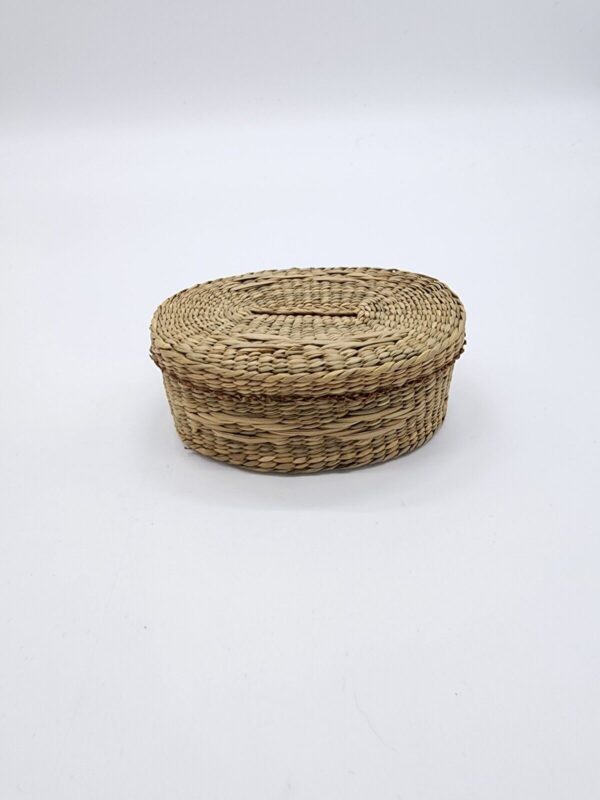 Vintage Oval Sweetgrass Woven Basket with Lid Small Boho Trinket Stash Box