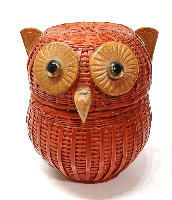 Vintage Owl Basket Mini Woven Wicker Rattan Figure Trinket Box Farmhouse Boho