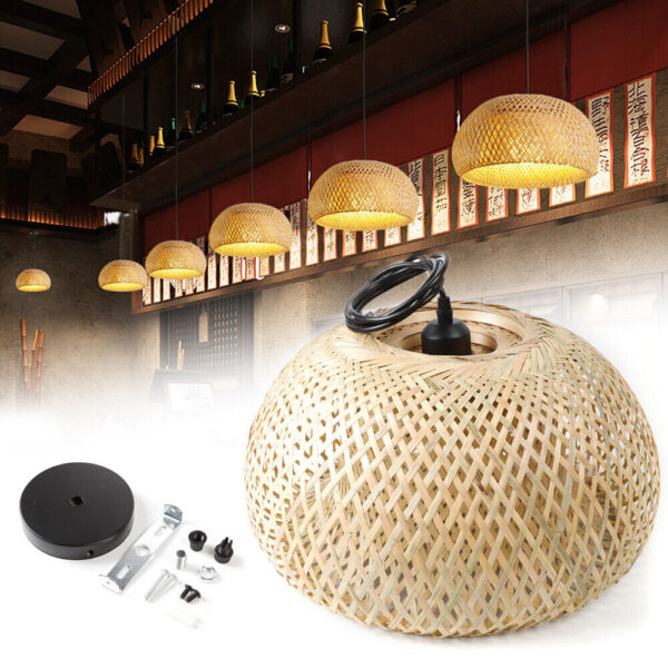 Vintage Pendant Light Bamboo Wicker Rattan Shade Ceiling Lamp Hanging Fixture - Image 2