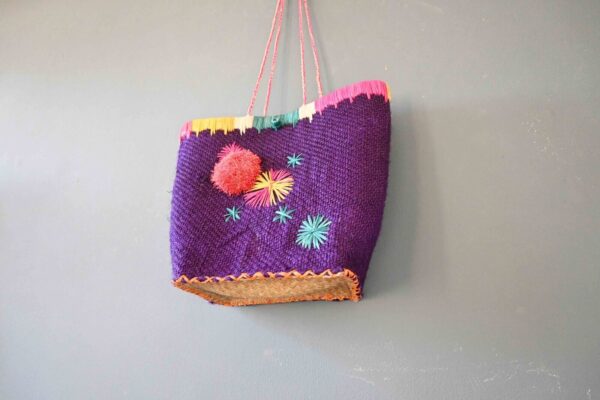 Vintage Purple Jute Raffia Embroidered Basket Tote Bag - Image 2