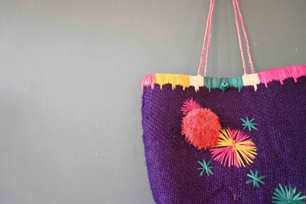 Vintage Purple Jute Raffia Embroidered Basket Tote Bag - Image 3