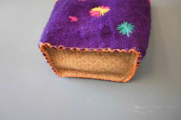 Vintage Purple Jute Raffia Embroidered Basket Tote Bag - Image 4