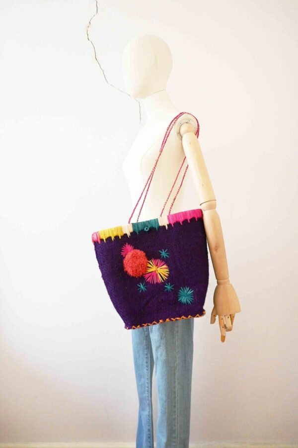 Vintage Purple Jute Raffia Embroidered Basket Tote Bag - Image 6