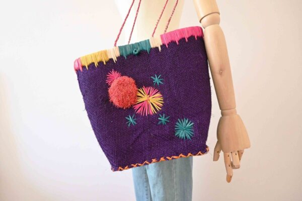 Vintage Purple Jute Raffia Embroidered Basket Tote Bag