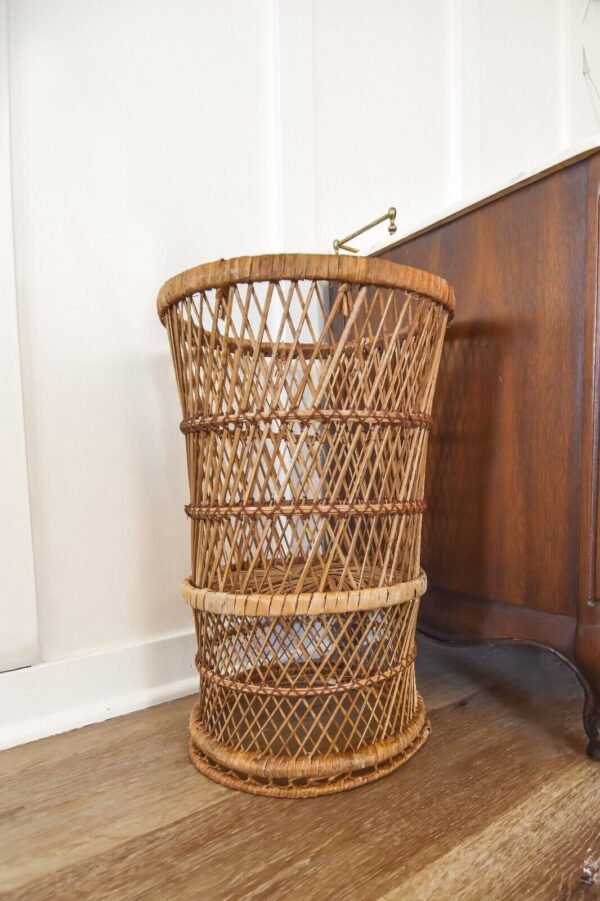 Vintage Rattan Planter Boho Wicker Rattan Wastebasket 20” Tall Handwoven